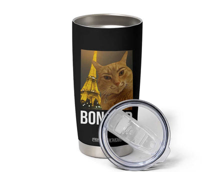 Funny Cat Bonjour Tumbler Cup Paris France Eiffel Tower Orange Cat Meme