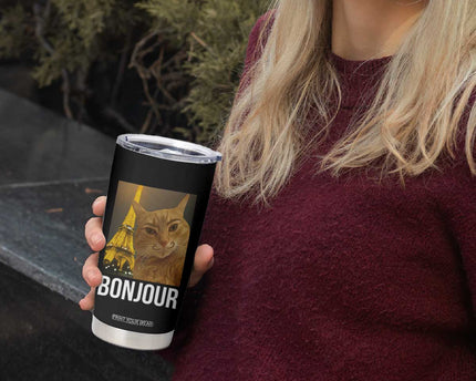 Funny Cat Bonjour Tumbler Cup Paris France Eiffel Tower Orange Cat Meme