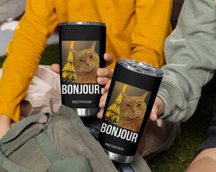 Funny Cat Bonjour Tumbler Cup Paris France Eiffel Tower Orange Cat Meme
