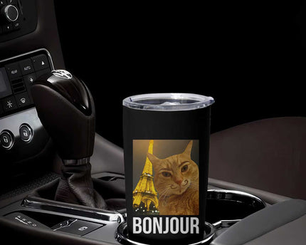 Funny Cat Bonjour Tumbler Cup Paris France Eiffel Tower Orange Cat Meme