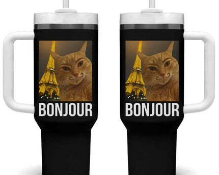 Funny Cat Bonjour Tumbler With Handle Paris France Eiffel Tower Orange Cat Meme