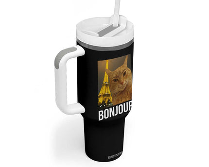 Funny Cat Bonjour Tumbler With Handle Paris France Eiffel Tower Orange Cat Meme