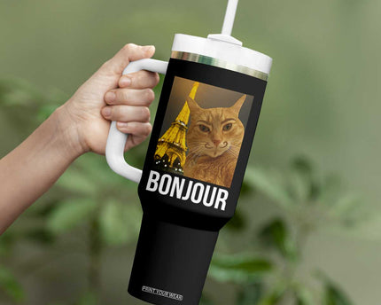 Funny Cat Bonjour Tumbler With Handle Paris France Eiffel Tower Orange Cat Meme