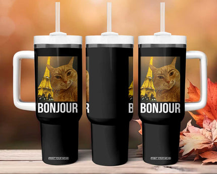 Funny Cat Bonjour Tumbler With Handle Paris France Eiffel Tower Orange Cat Meme