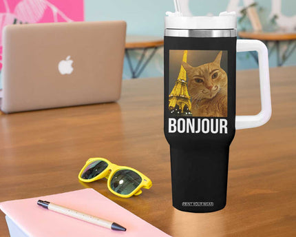 Funny Cat Bonjour Tumbler With Handle Paris France Eiffel Tower Orange Cat Meme