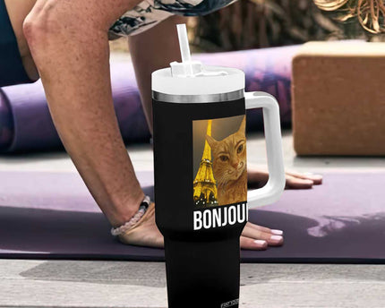 Funny Cat Bonjour Tumbler With Handle Paris France Eiffel Tower Orange Cat Meme