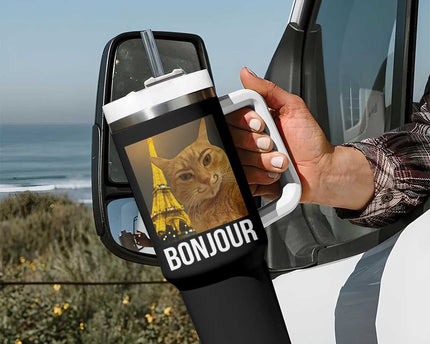 Funny Cat Bonjour Tumbler With Handle Paris France Eiffel Tower Orange Cat Meme