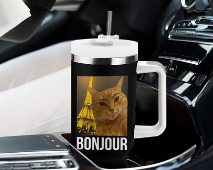 Funny Cat Bonjour Tumbler With Handle Paris France Eiffel Tower Orange Cat Meme