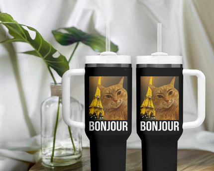 Funny Cat Bonjour Tumbler With Handle Paris France Eiffel Tower Orange Cat Meme