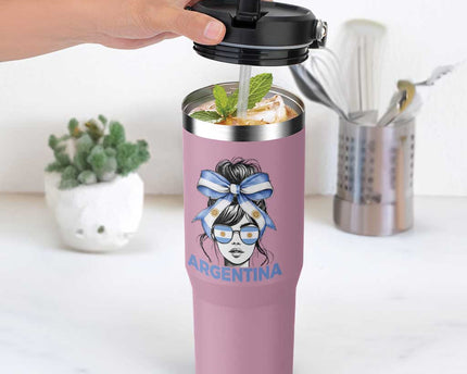 Messy Bun Argentina Pride Argentinian Girl Flip Straw Tumbler