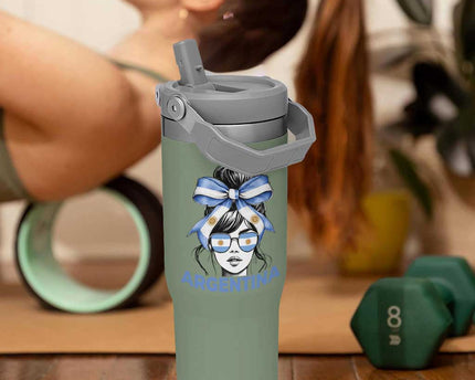 Messy Bun Argentina Pride Argentinian Girl Flip Straw Tumbler