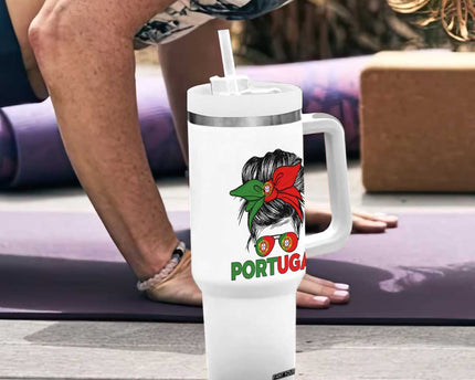 Portugal Messy Bun Girl Pride Portuguese Roots Tumbler With Handle
