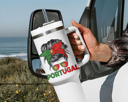 Portugal Messy Bun Girl Pride Portuguese Roots Tumbler With Handle