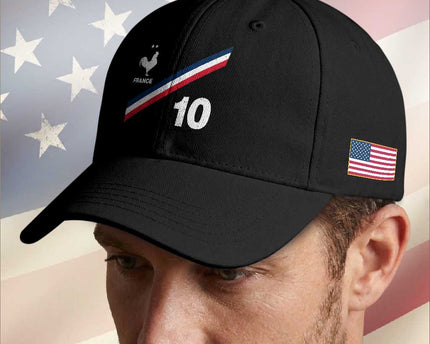France Football Coq Baseball Cap French Flag Stripes Number 10 Athletic Soccer National Pride