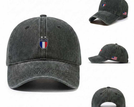 Vintage France Football Crest Two Stars French Flag Washed Cotton Baseball Cap