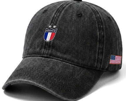 Vintage France Football Crest Two Stars French Flag Washed Cotton Baseball Cap