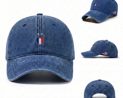 Vintage France Football Crest Two Stars French Flag Washed Cotton Baseball Cap