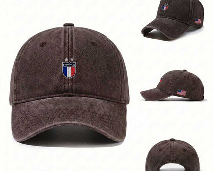 Vintage France Football Crest Two Stars French Flag Washed Cotton Baseball Cap