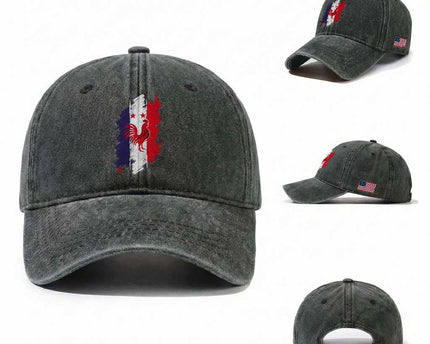 France Gallic Rooster Football Two Stars Brushstroke French Flag Graphic Washed Cotton Baseball Cap