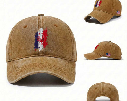 France Gallic Rooster Football Two Stars Brushstroke French Flag Graphic Washed Cotton Baseball Cap