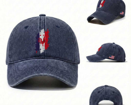France Gallic Rooster Football Two Stars Brushstroke French Flag Graphic Washed Cotton Baseball Cap