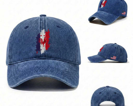 France Gallic Rooster Football Two Stars Brushstroke French Flag Graphic Washed Cotton Baseball Cap