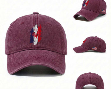France Gallic Rooster Football Two Stars Brushstroke French Flag Graphic Washed Cotton Baseball Cap