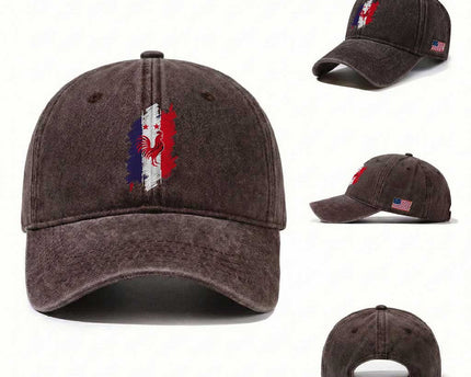 France Gallic Rooster Football Two Stars Brushstroke French Flag Graphic Washed Cotton Baseball Cap
