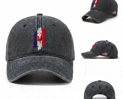 France Gallic Rooster Football Two Stars Brushstroke French Flag Graphic Washed Cotton Baseball Cap