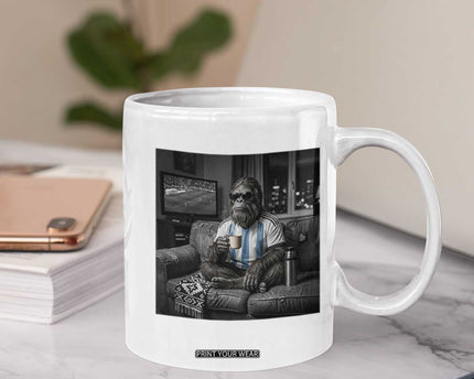 Funny Bigfoot Watching Soccer Coffee Mug Argentina Futbol Fan