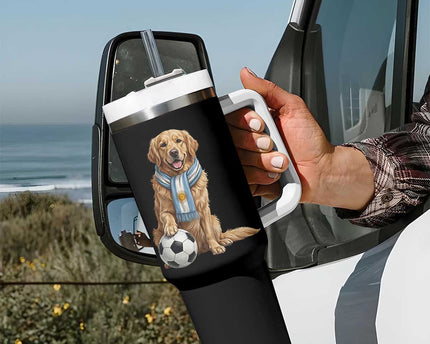Golden Retriever Soccer Fan Tumbler With Handle Argentina Football Pride
