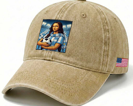 Funny Argentina Soccer Mona Lisa Washed Cotton Baseball Cap Football Fan Pride Graphic