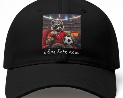 Espana Spain Soccer Football Fan Spanish Flag Baseball Cap Funny Raccoon I Live Here Now