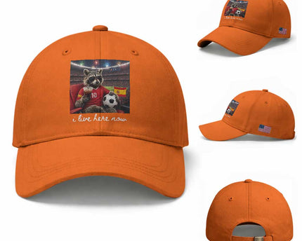 Espana Spain Soccer Football Fan Spanish Flag Baseball Cap Funny Raccoon I Live Here Now