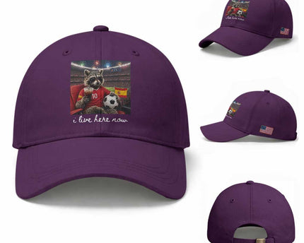 Espana Spain Soccer Football Fan Spanish Flag Baseball Cap Funny Raccoon I Live Here Now