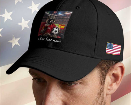 Espana Spain Soccer Football Fan Spanish Flag Baseball Cap Funny Raccoon I Live Here Now