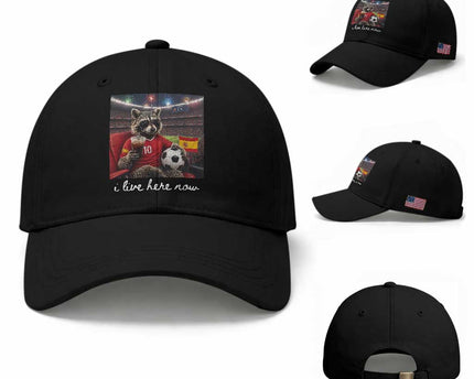 Espana Spain Soccer Football Fan Spanish Flag Baseball Cap Funny Raccoon I Live Here Now