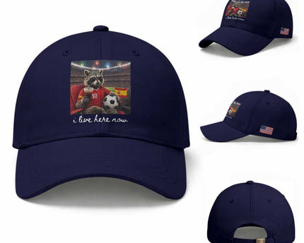 Espana Spain Soccer Football Fan Spanish Flag Baseball Cap Funny Raccoon I Live Here Now