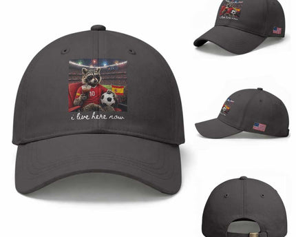 Espana Spain Soccer Football Fan Spanish Flag Baseball Cap Funny Raccoon I Live Here Now