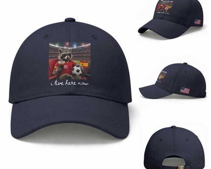 Espana Spain Soccer Football Fan Spanish Flag Baseball Cap Funny Raccoon I Live Here Now