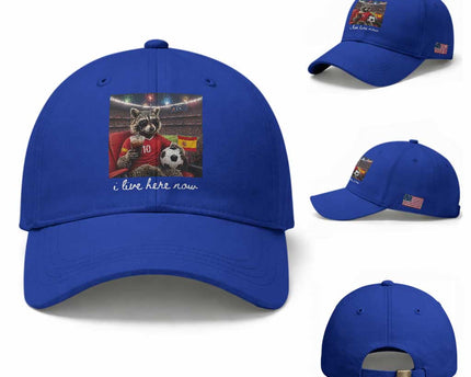 Espana Spain Soccer Football Fan Spanish Flag Baseball Cap Funny Raccoon I Live Here Now