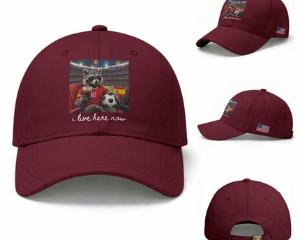 Espana Spain Soccer Football Fan Spanish Flag Baseball Cap Funny Raccoon I Live Here Now