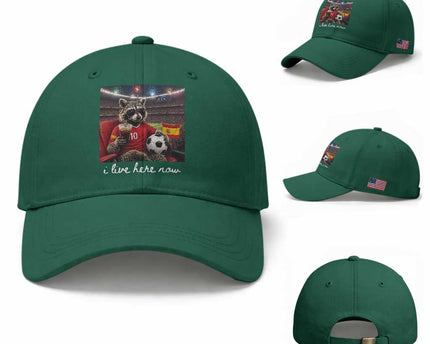 Espana Spain Soccer Football Fan Spanish Flag Baseball Cap Funny Raccoon I Live Here Now
