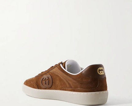 Men's Gucci G75 Logo-Appliquéd Leather-Trimmed Suede Light Brown Suede Sneakers
