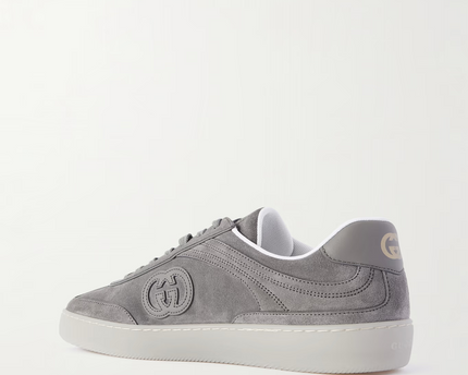 Men's Gucci G75 Logo-Appliquéd Leather-Trimmed Suede Grey Suede Sneakers
