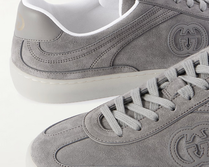 Men's Gucci G75 Logo-Appliquéd Leather-Trimmed Suede Grey Suede Sneakers