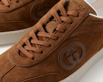 Men's Gucci G75 Logo-Appliquéd Leather-Trimmed Suede Light Brown Suede Sneakers