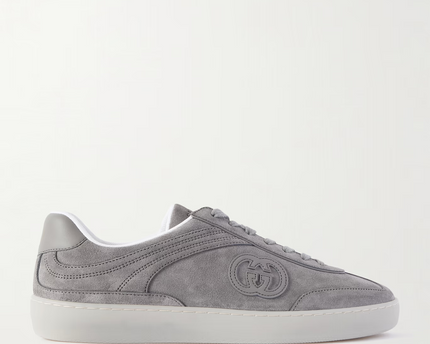 Men's Gucci G75 Logo-Appliquéd Leather-Trimmed Suede Grey Suede Sneakers