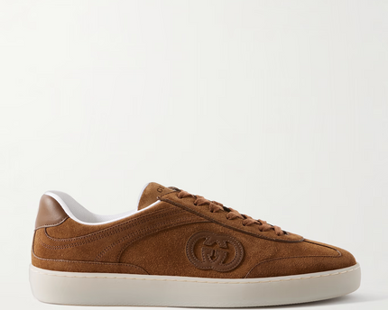 Men's Gucci G75 Logo-Appliquéd Leather-Trimmed Suede Light Brown Suede Sneakers