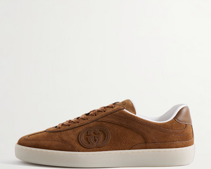 Men's Gucci G75 Logo-Appliquéd Leather-Trimmed Suede Light Brown Suede Sneakers